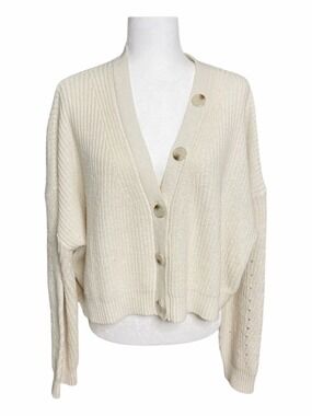 Line & Dot Scarlett Cropped Cardigan Sweater Cream Ivory Rib Knit XL NWT